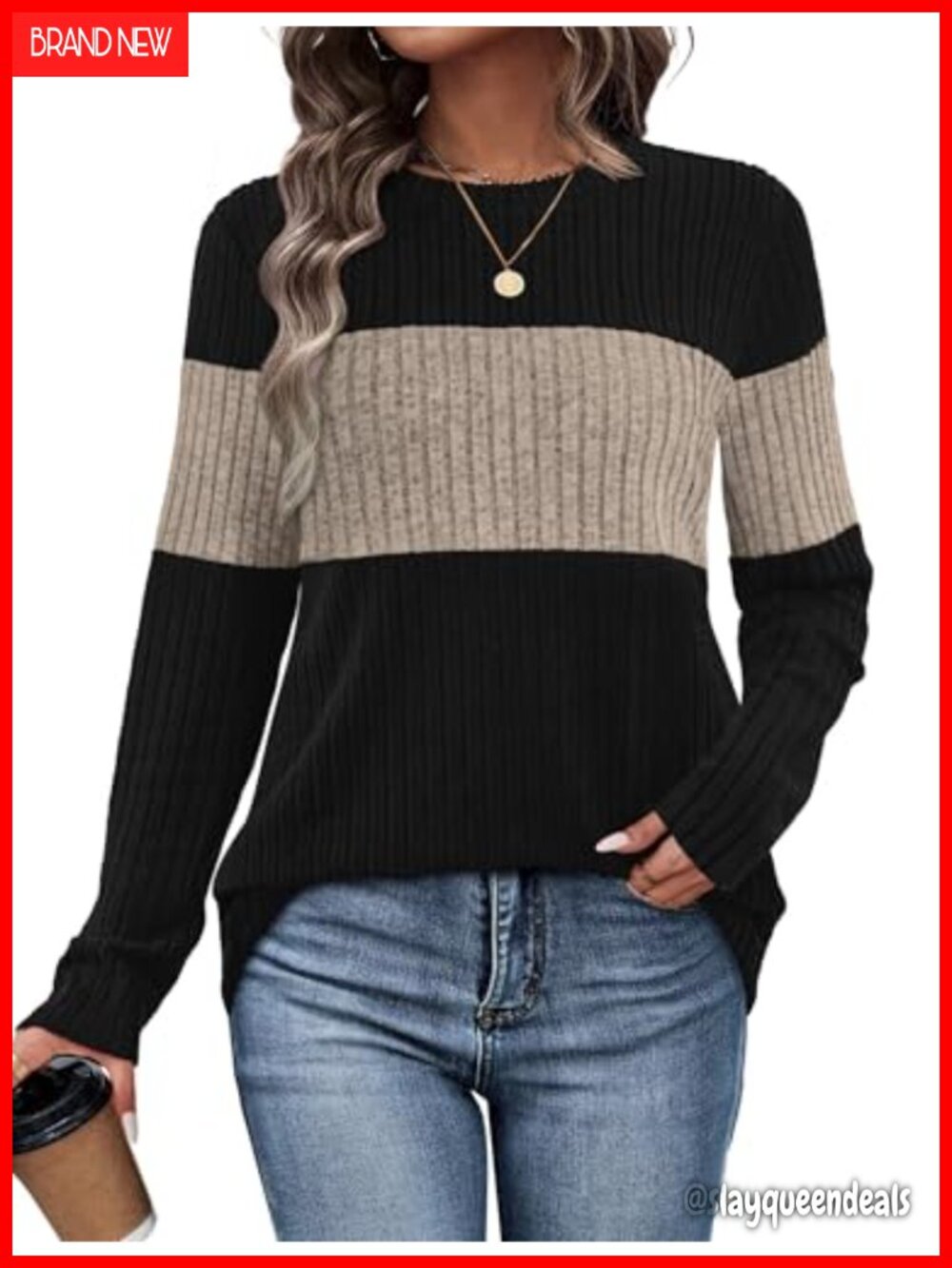 Womens Color Block Sweater Pullover Long Sleeve Crew Neck Loose Fit Fall Winter